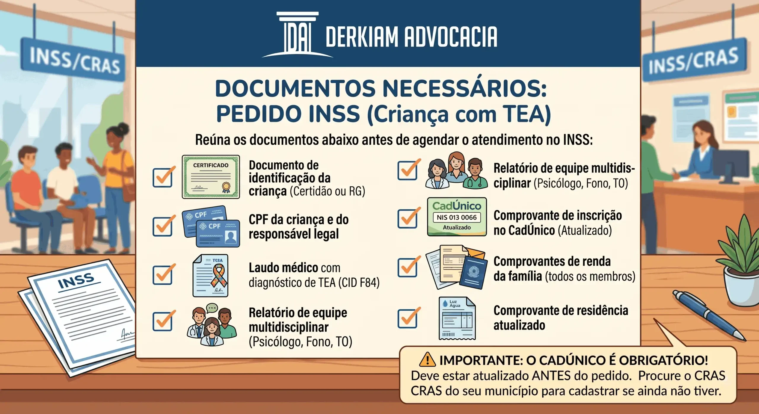 Documentos necessários para BPC LOAS para autista infantil no INSS.