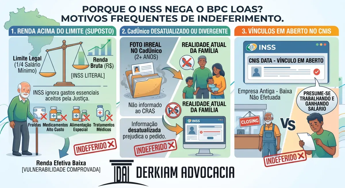 Motivos de BPC LOAS negado: renda, CadÚnico desatualizado e vínculos.