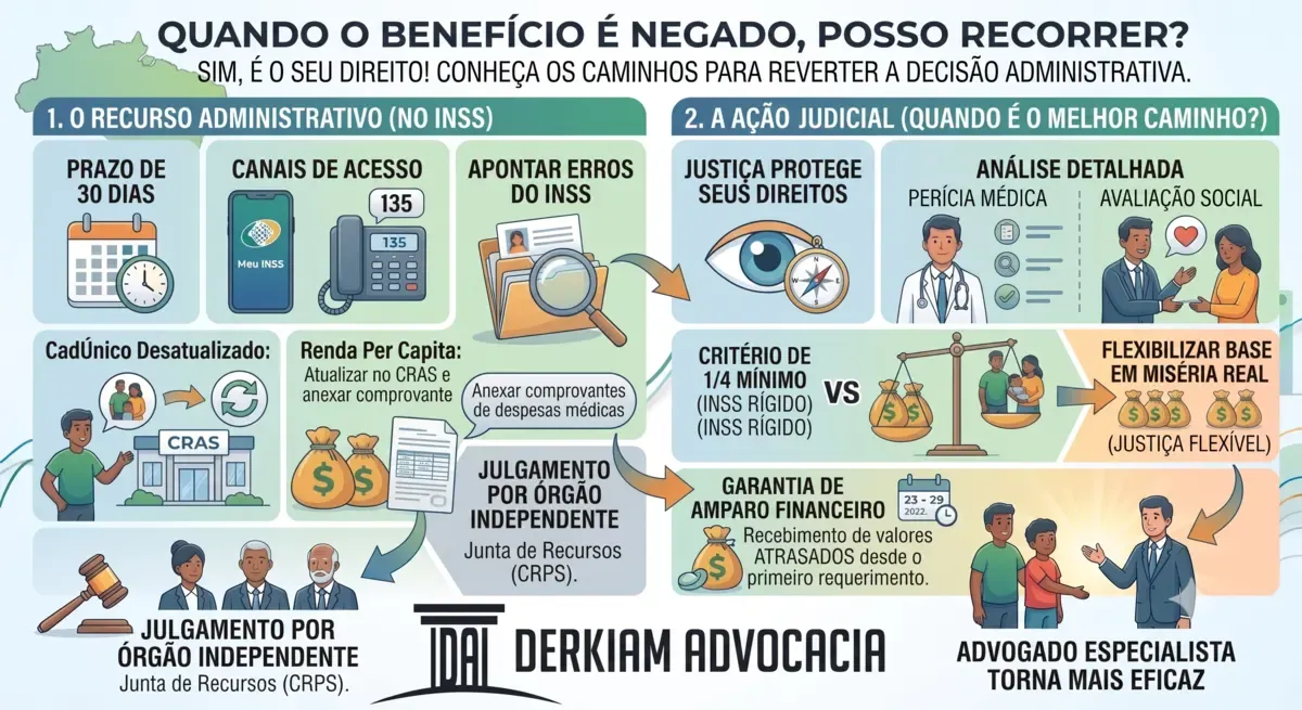 Infográfico explica o que fazer se o BPC LOAS foi negado e como recorrer.