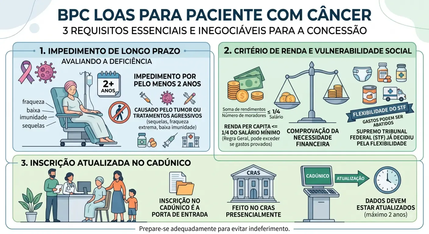 Requisitos para BPC LOAS para pessoa com câncer: impedimento, renda e cadastro.