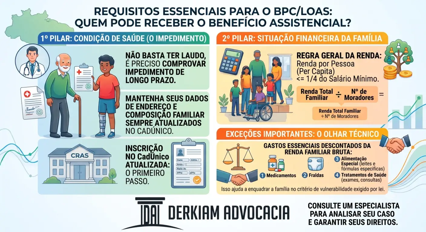 Infográfico sobre BPC LOAS para pessoa com deficiência, com requisitos e dicas.