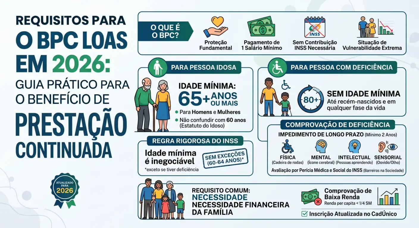 Guia visual dos requisitos para receber BPC LOAS em 2026.